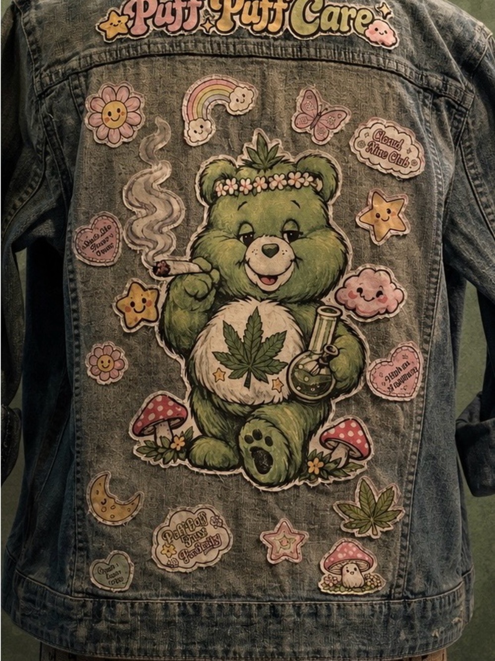 One of a kind Care Bear Stoner Denim Jacket Back Patch Design
